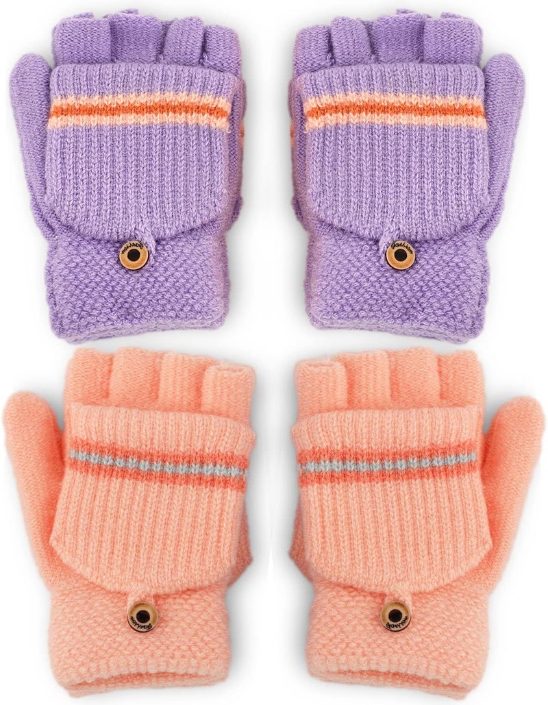 F Flammi Kids Winter Knitted Mitten Gloves Convertible Fingerless Gloves with Cover for Teen Boys Girls Aged 5-10, 2 Pairs - Image 1