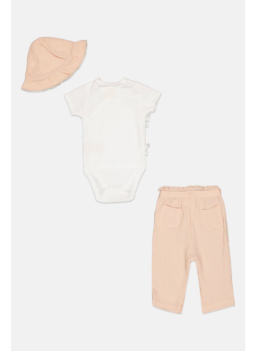 Home Grown Baby Toddlers Girl 3 Pieces Top, Bottom And Hat Set, White  - Image 2