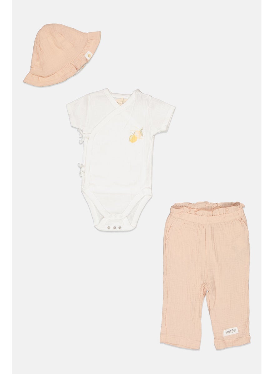 Home Grown Baby Toddlers Girl 3 Pieces Top, Bottom And Hat Set, White  - Image 1