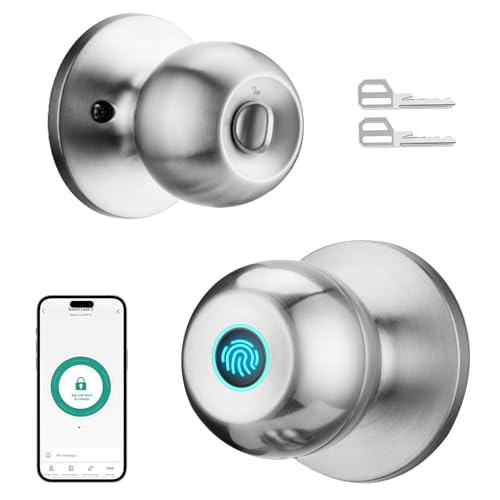 DSJJBLL Fingerprint Door Lock Smart Door Knob with Lock Biometric Door Lock with App Control Key Keyless Door Locks for Bedrooms Front Door Home Finger Print Door Knobs Satin Nickel 1 Pack - Image 1