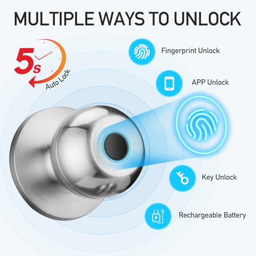 DSJJBLL Fingerprint Door Lock Smart Door Knob with Lock Biometric Door Lock with App Control Key Keyless Door Locks for Bedrooms Front Door Home Finger Print Door Knobs Satin Nickel 1 Pack - Image 3