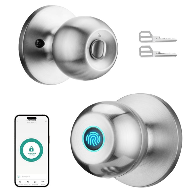 DSJJBLL Fingerprint Door Lock Smart Door Knob with Lock Biometric Door Lock with App Control Key Keyless Door Locks for Bedrooms Front Door Home Finger Print Door Knobs Satin Nickel 1 Pack - Image 2