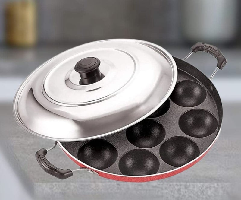 STEEPLE STEEPLE 12 Cavities Non Stick Appam Patra with Lid, Red (Paniyarrakal |Paniyaram |Appam Pan/Maker/Pan Cake Maker)  - Image 1