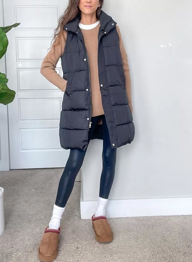 Tanming Women's Long Puffer Vest Casual Sleeveless Puffy Jacket with Removable Hood (Black-L) - Image 3