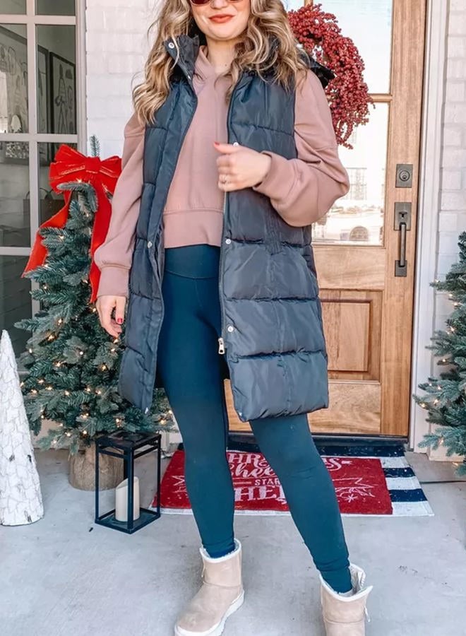 Tanming Women's Long Puffer Vest Casual Sleeveless Puffy Jacket with Removable Hood (Black-L) - Image 2