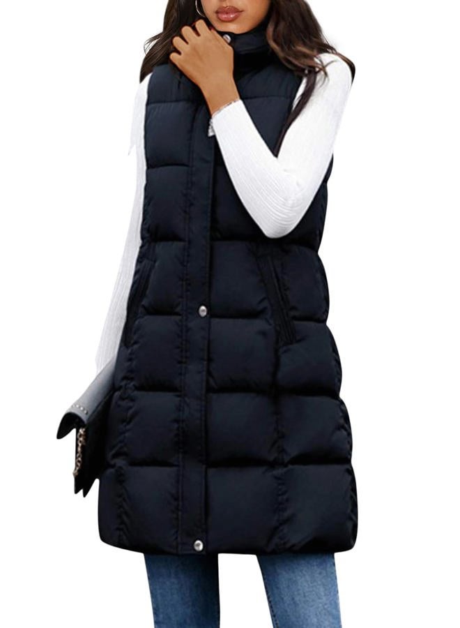 Tanming Women's Long Puffer Vest Casual Sleeveless Puffy Jacket with Removable Hood (Black-L) - Image 1
