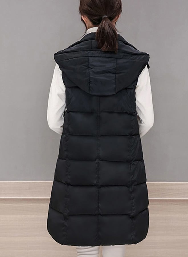 Tanming Women's Long Puffer Vest Casual Sleeveless Puffy Jacket with Removable Hood (Black-L) - Image 5