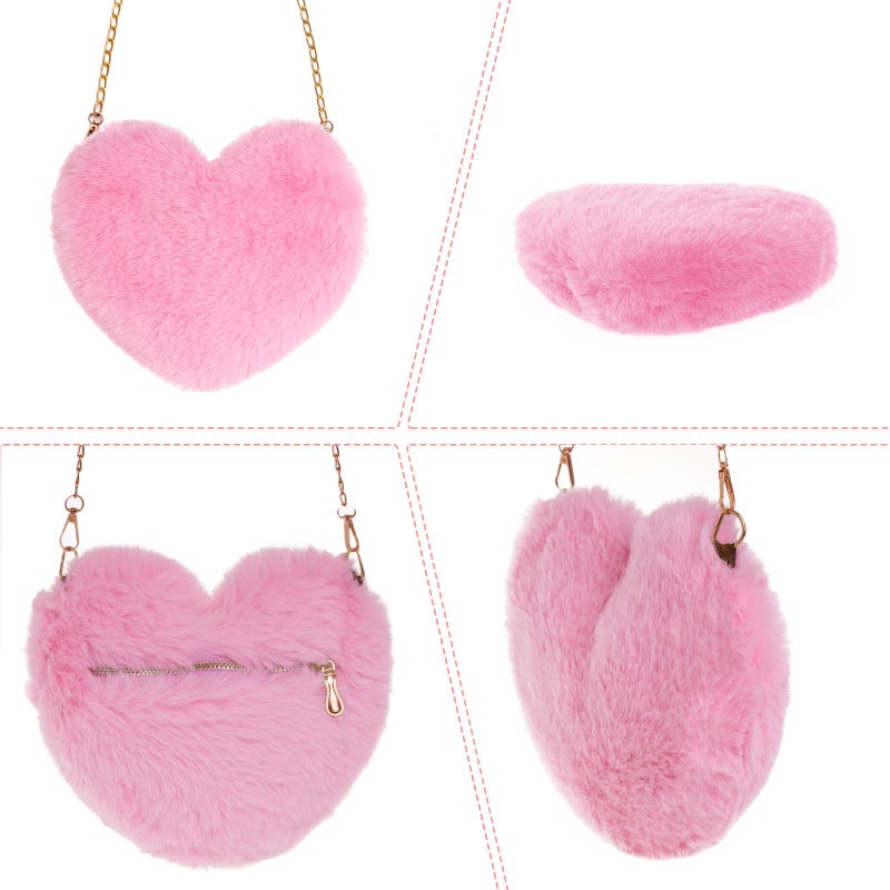 Miayon Heart Shaped Faux Fur Clutch Purse Fluffy Crossbody Shoulder Bag for Women Halloween Christmas Valentine Light Pink - Image 4