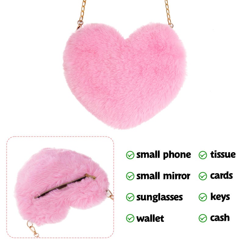 Miayon Heart Shaped Faux Fur Clutch Purse Fluffy Crossbody Shoulder Bag for Women Halloween Christmas Valentine Light Pink - Image 3