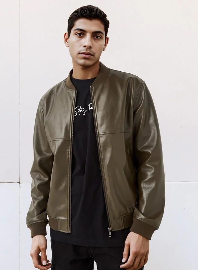 Lee Cooper Men Regular Fit Zip Closure Bomber PU Jacket