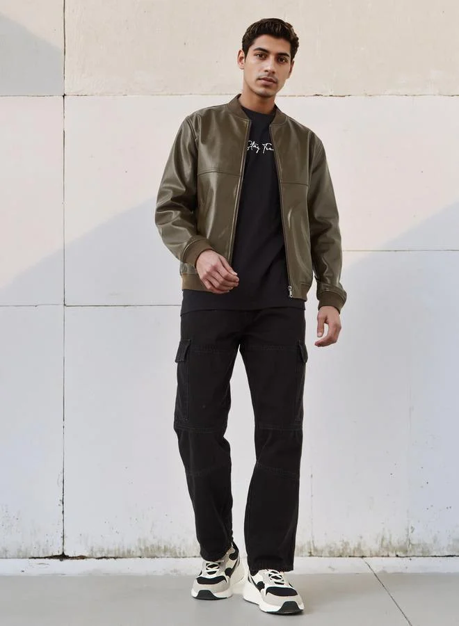 Lee Cooper Lee Cooper Men Regular Fit Zip Closure Bomber PU Jacket