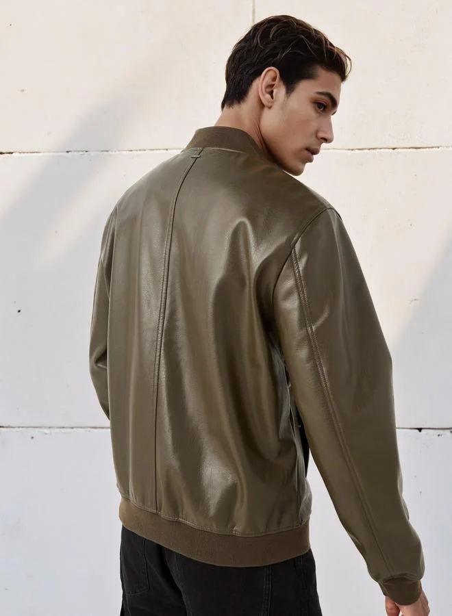 Lee Cooper  Lee Cooper Men Regular Fit Zip Closure Bomber PU Jacket for Men | Best Price UAE