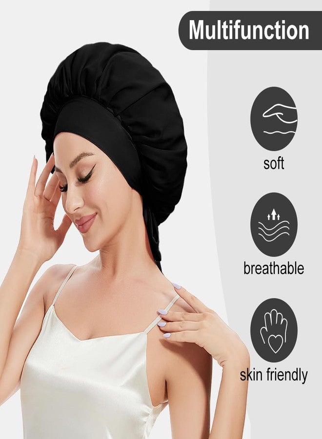 Merdia Satin Hair Bonnet for Women with Soft Elastic Tie Band | Elastic and Reusable Shower Hair Caps | Satin Bonnet for Sleeping Women, Shower Caps | Double Layers Hair Cap | 15 Inches, Black - Image 4