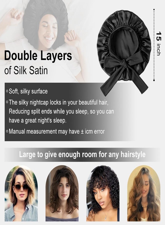 Merdia Satin Hair Bonnet for Women with Soft Elastic Tie Band | Elastic and Reusable Shower Hair Caps | Satin Bonnet for Sleeping Women, Shower Caps | Double Layers Hair Cap | 15 Inches, Black - Image 2
