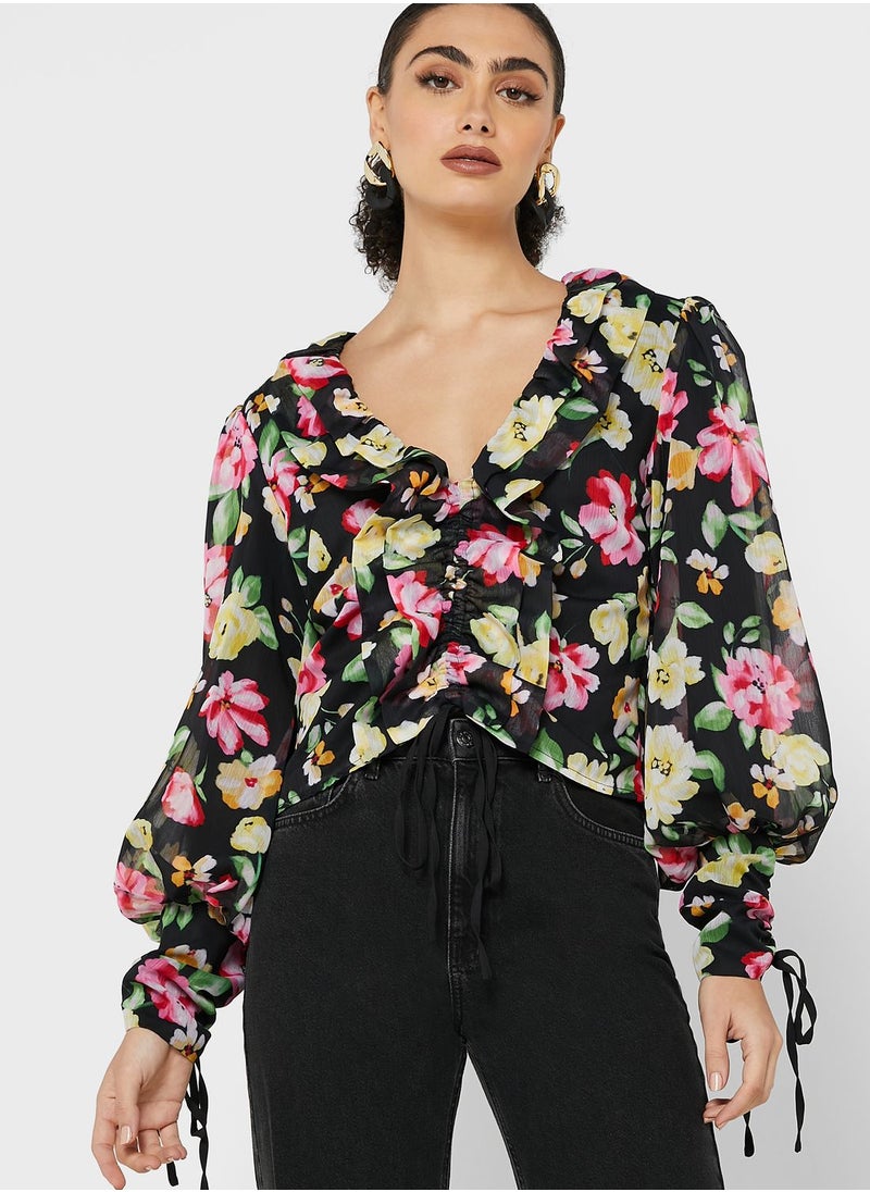 LOST INK Large Scale Floral Print V-Neck Ruffle Top  - Image 1