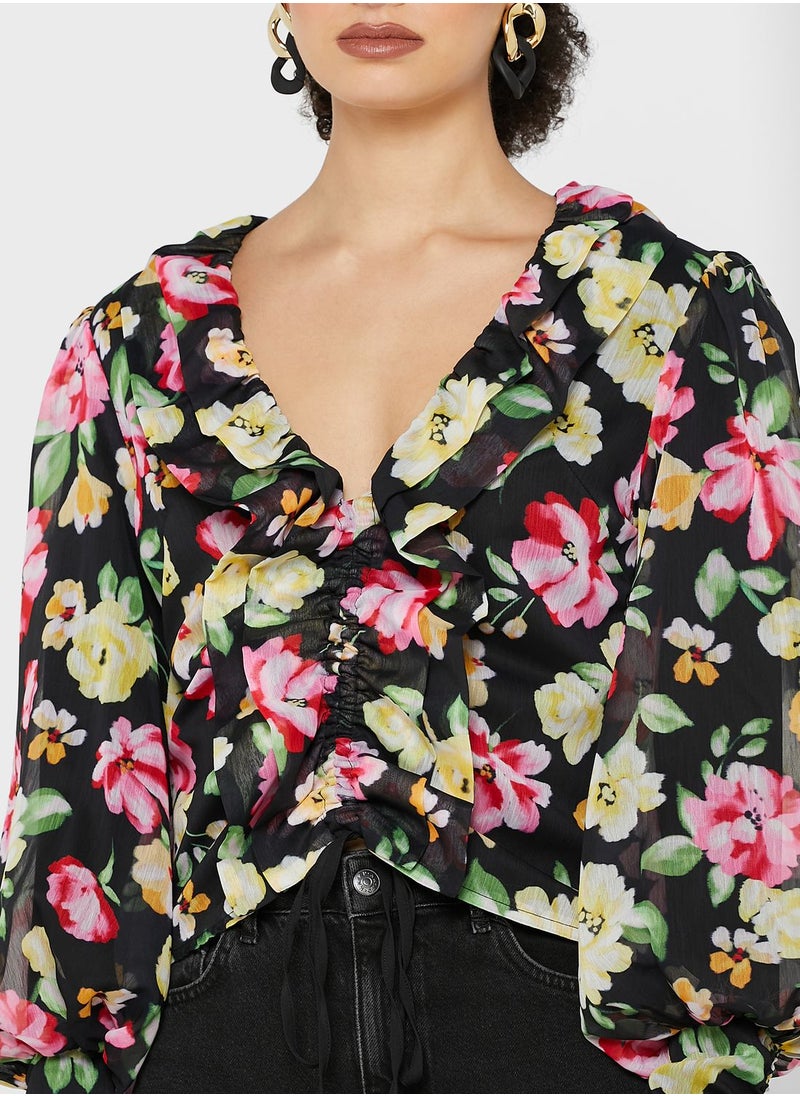 LOST INK Large Scale Floral Print V-Neck Ruffle Top  - Image 3