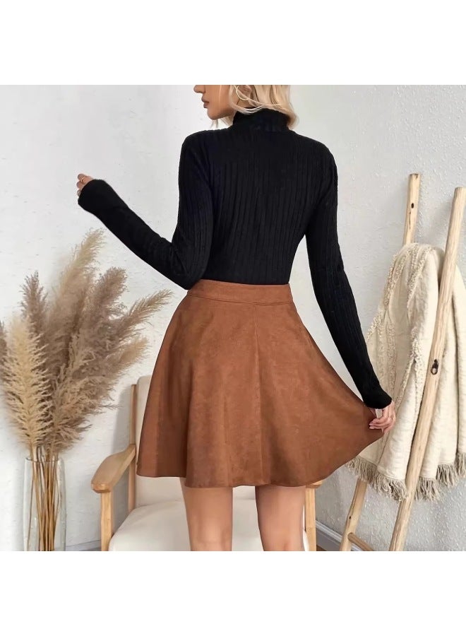 Suede Skirt – High-waisted A-line Short Skirt – Versatile Slimming Work - Image 2