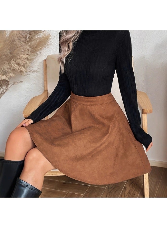 Suede Skirt – High-waisted A-line Short Skirt – Versatile Slimming Work - Image 3