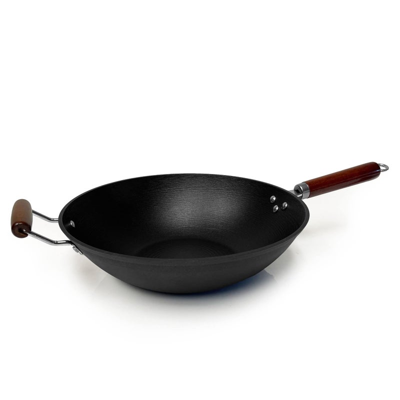 21st & Main 21st  Main Light weight Cast Iron Wok Stir Fry Pan Wooden Handle 14 Inch chefs pan preseasoned nonstick commercial and household for Chinese Japanese and others Cooking