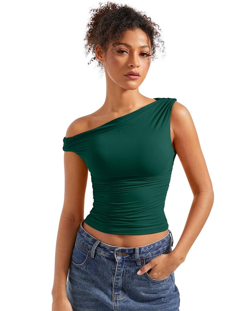 SUUKSESS Women Off Shoulder Tops Sleeveless Shirts Y2K Trendy Going Out Crop Tank Top (Dark Green,M) - Image 1