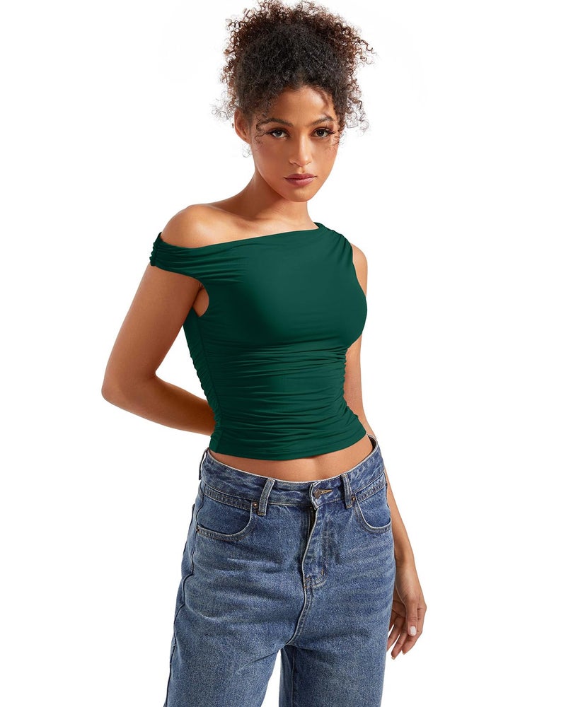SUUKSESS Women Off Shoulder Tops Sleeveless Shirts Y2K Trendy Going Out Crop Tank Top (Dark Green,M) - Image 4