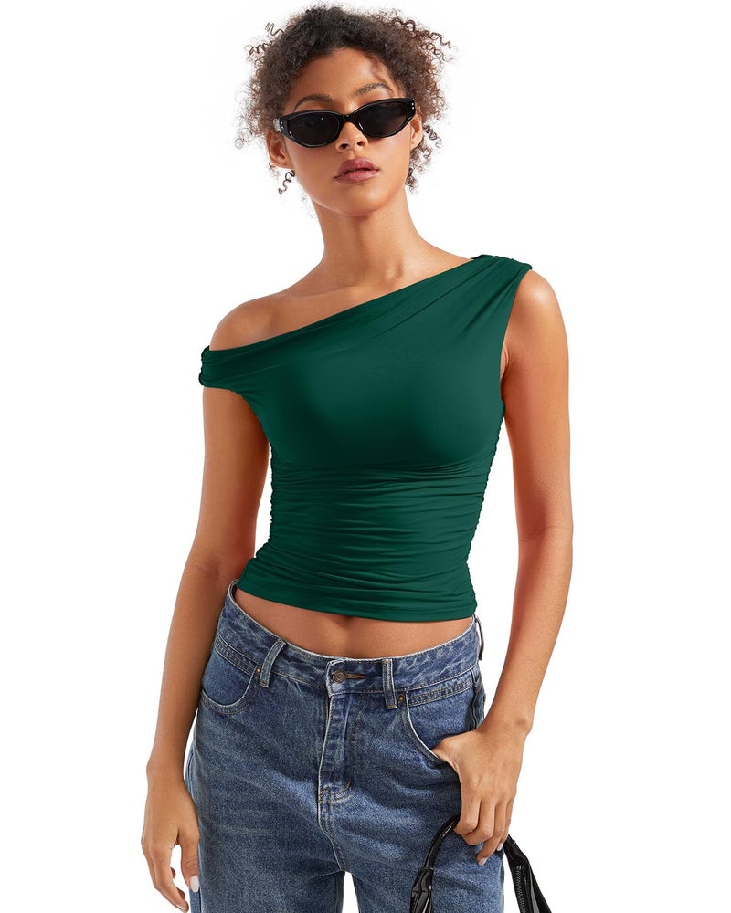 SUUKSESS Women Off Shoulder Tops Sleeveless Shirts Y2K Trendy Going Out Crop Tank Top (Dark Green,M) - Image 5