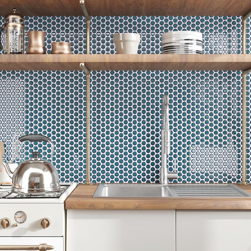 CRE8TIVE 16 Sheets Teal Blue Penny Round Tile Backsplash Peel and Stick for Kitchen Wall Mosaic Tile Peel and Stick for Bathroom Laundry Room Adhesive Renter Friendly Backsplash for Fireplace 12"x12" - Image 3