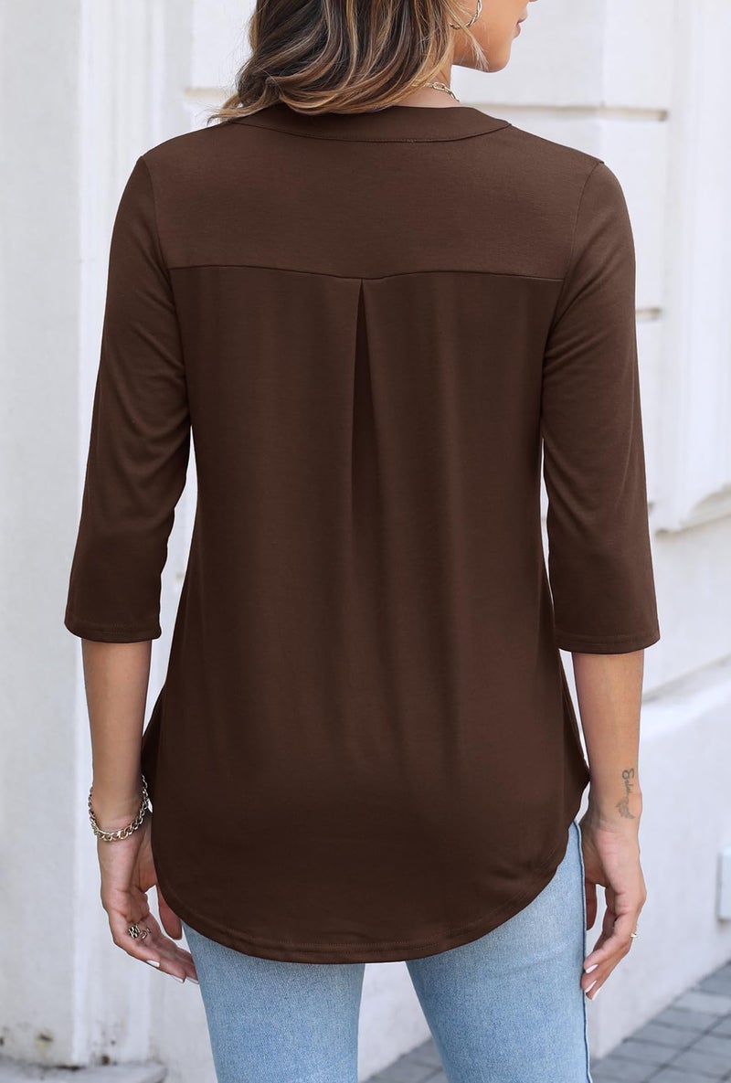 Halife Tops for Women Trendy Elbow Length Textured Loose Fitting Shirts V Neck Summer Blouses for Work Brown XL - Image 5