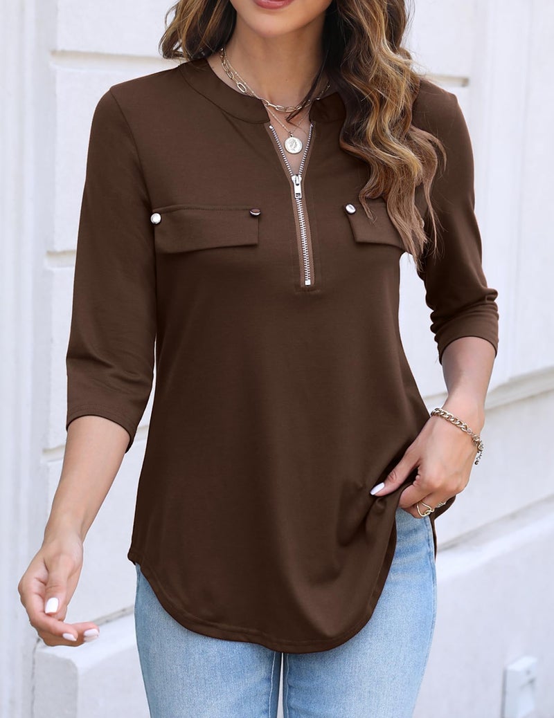 Halife Tops for Women Trendy Elbow Length Textured Loose Fitting Shirts V Neck Summer Blouses for Work Brown XL - Image 2
