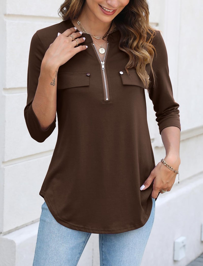 Halife Tops for Women Trendy Elbow Length Textured Loose Fitting Shirts V Neck Summer Blouses for Work Brown XL - Image 4
