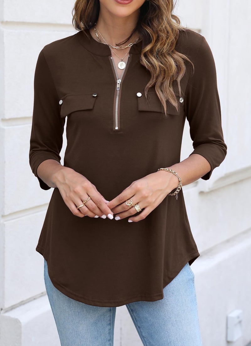 Halife Tops for Women Trendy Elbow Length Textured Loose Fitting Shirts V Neck Summer Blouses for Work Brown XL - Image 3