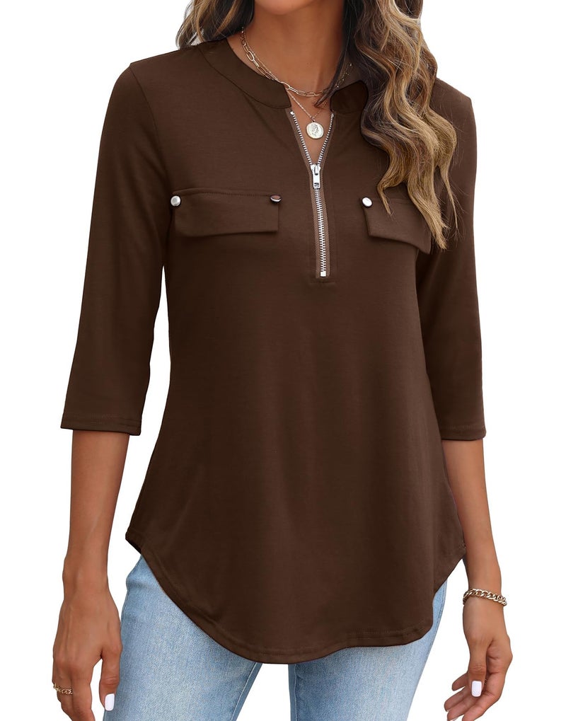 Halife Tops for Women Trendy Elbow Length Textured Loose Fitting Shirts V Neck Summer Blouses for Work Brown XL - Image 1