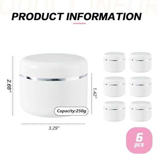 ericotry 6pcs 250g/8oz White Plastic Jars Empty Cosmetic Jars Refillable Round Containers with Dome Lid for Cosmetic Lotion Cream - Image 2