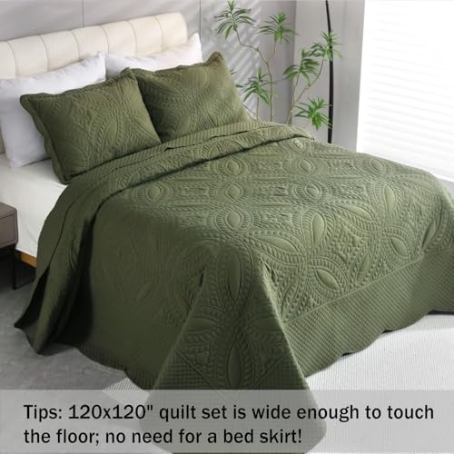 Cmfshape Oversize King Bedspread 120"x120",3 Piece California King Quilt Set,Lightweight Olive-Green Bedding Quilt Set for All Season,Modern Geometric Pattern Bed Set - Image 3