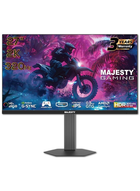 شاشة العاب ماجيستي 27 بوصة 2K QHD 2560x1440, IPS,  𝟑𝟐𝟎𝐇𝐳 , 0.5ms GTG, HDR400, 10-Bit, 141% sRGB, G-SYNC, سماعات داخلية, إنارة RGB DisplayPort, HDMI, VESA, حامل قابل للتعديل