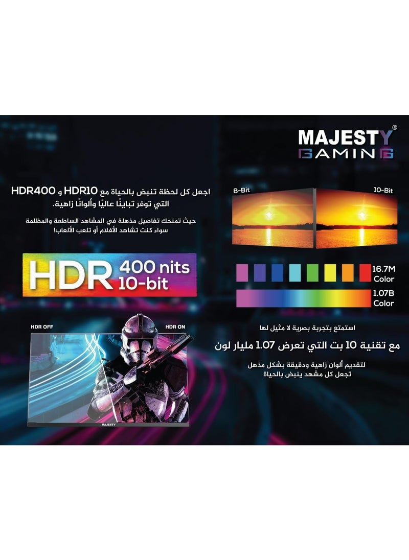 شاشة العاب ماجيستي 27 بوصة 2K QHD 2560x1440, IPS,  𝟑𝟐𝟎𝐇𝐳 , 0.5ms GTG, HDR400, 10-Bit, 141% sRGB, G-SYNC, سماعات داخلية, إنارة RGB DisplayPort, HDMI, VESA, حامل قابل للتعديل