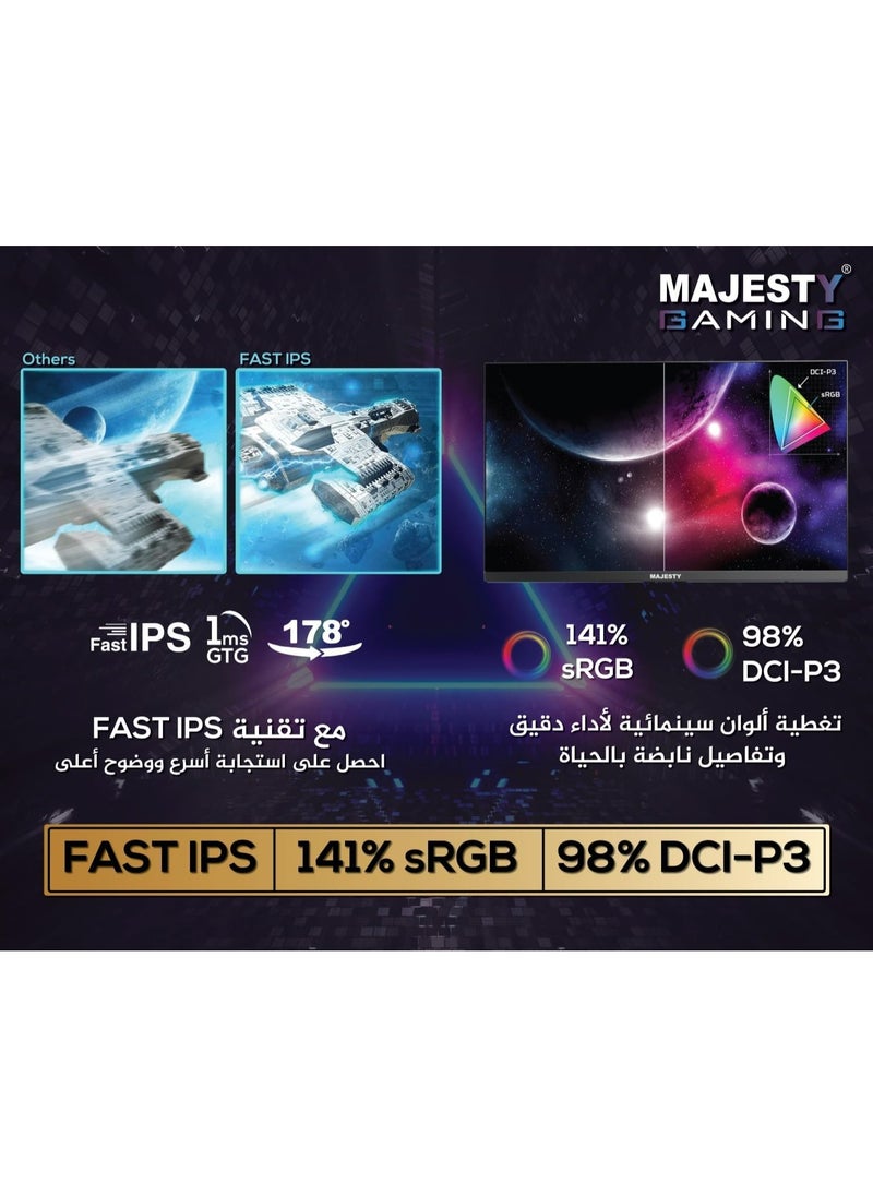 شاشة العاب ماجيستي 27 بوصة 2K QHD 2560x1440, IPS,  𝟑𝟐𝟎𝐇𝐳 , 0.5ms GTG, HDR400, 10-Bit, 141% sRGB, G-SYNC, سماعات داخلية, إنارة RGB DisplayPort, HDMI, VESA, حامل قابل للتعديل