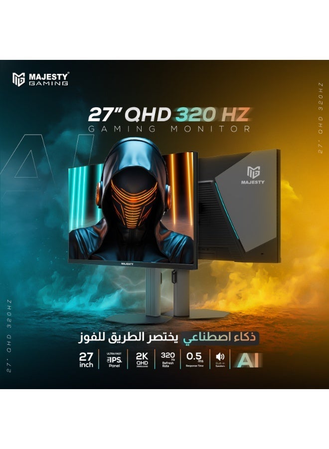 Majesty 27" 2K QHD Gaming Monitor 2560x1440 | IPS | 320Hz | 0.5ms | HDR400 | 10-Bit | 141% sRGB | G-SYNC & FreeSync | AI | Built-in Speakers | RGB | DisplayPort & HDMI | VESA | Flexible Stand - Image 1