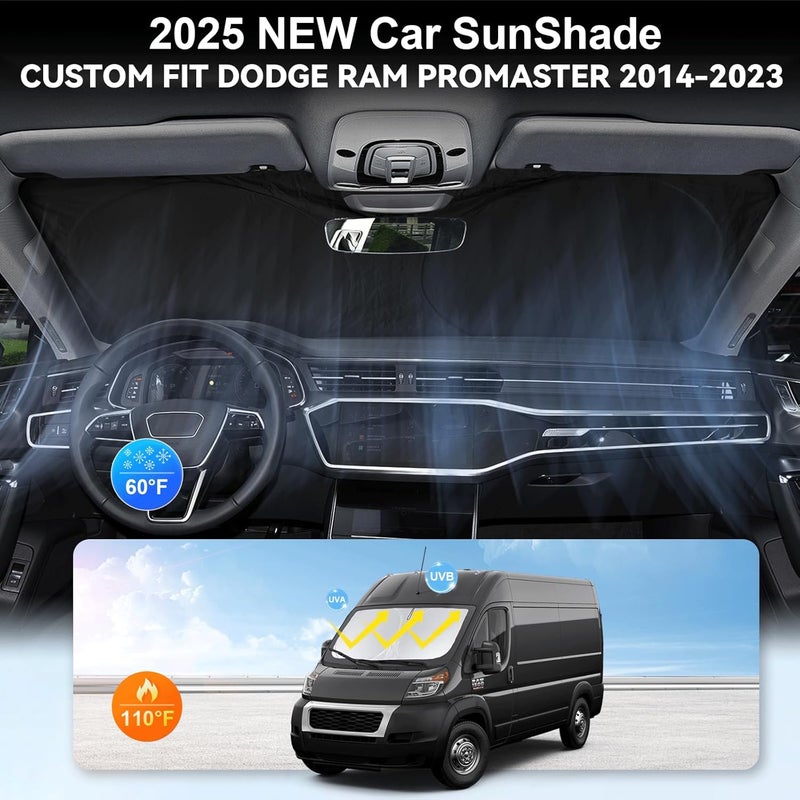 مظلة شمس لسيارة RAM ProMaster، مظلة زجاج أمامي لسيارة دودج RAM ProMaster للأعوام 2014-2025 2026، ملحقات شاحنة بضائع كاملة الحجم، شاسيه كابينة، قطع، غطاء زجاج أمامي قابل للطي، واقي شمس، عاكس - Image 4