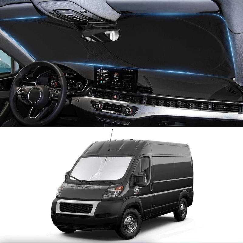 مظلة شمس لسيارة RAM ProMaster، مظلة زجاج أمامي لسيارة دودج RAM ProMaster للأعوام 2014-2025 2026، ملحقات شاحنة بضائع كاملة الحجم، شاسيه كابينة، قطع، غطاء زجاج أمامي قابل للطي، واقي شمس، عاكس - Image 1