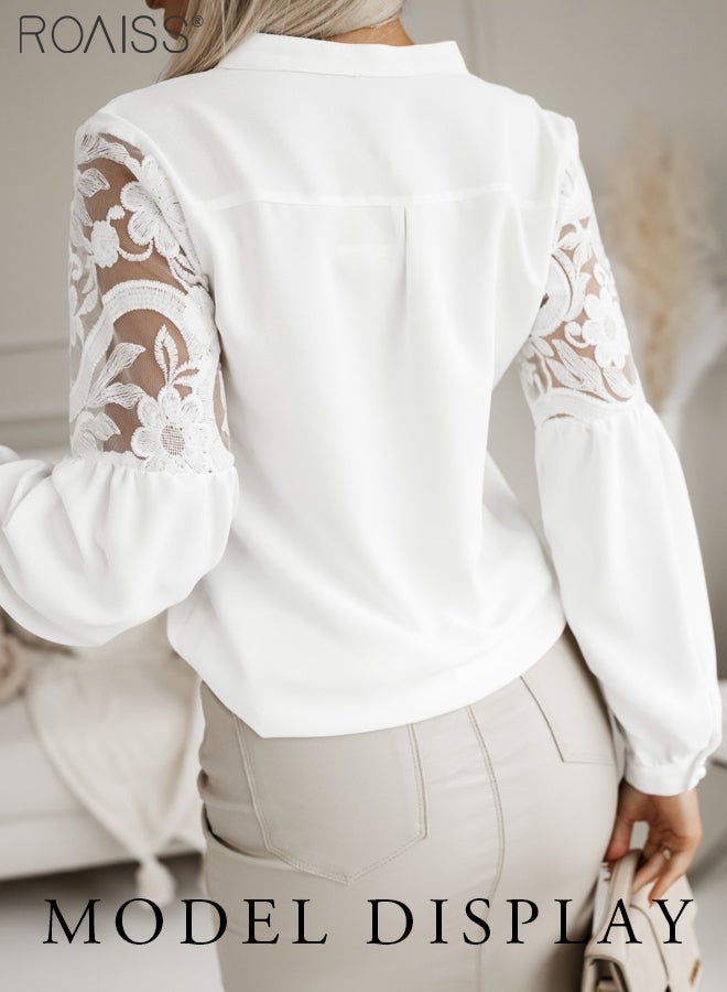roaiss Fashion Lace Hollow Splicing Shirt Women'S Versatile Stand Collar Button Closure Daily Commuting Long Sleeve Top - Image 3