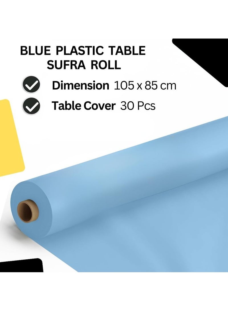 AlsayedP 30 Pcs Blue Sufra Roll Plastic Table Cover Roll 105 x 85 cm Disposable Table Cloth for Picnic, Party, Banquet, Birthdays, Weddings (Blue 30pcs) - Image 3