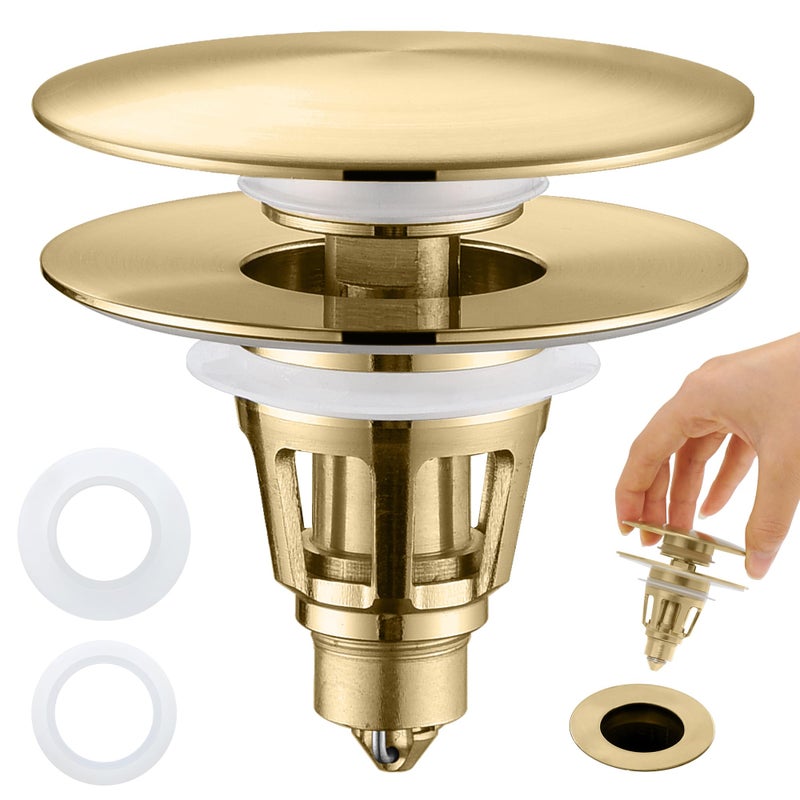 PerPaiMe ???????????????? Universal Bathroom Sink Stopper - Pop Up Sink Drain Stopper  Push Button Flixfilter Sink Drain Stopper Replacement  Wash Basin Drain Filter Plug Anti-Clogging Basket  Brushed Gold - Image 1