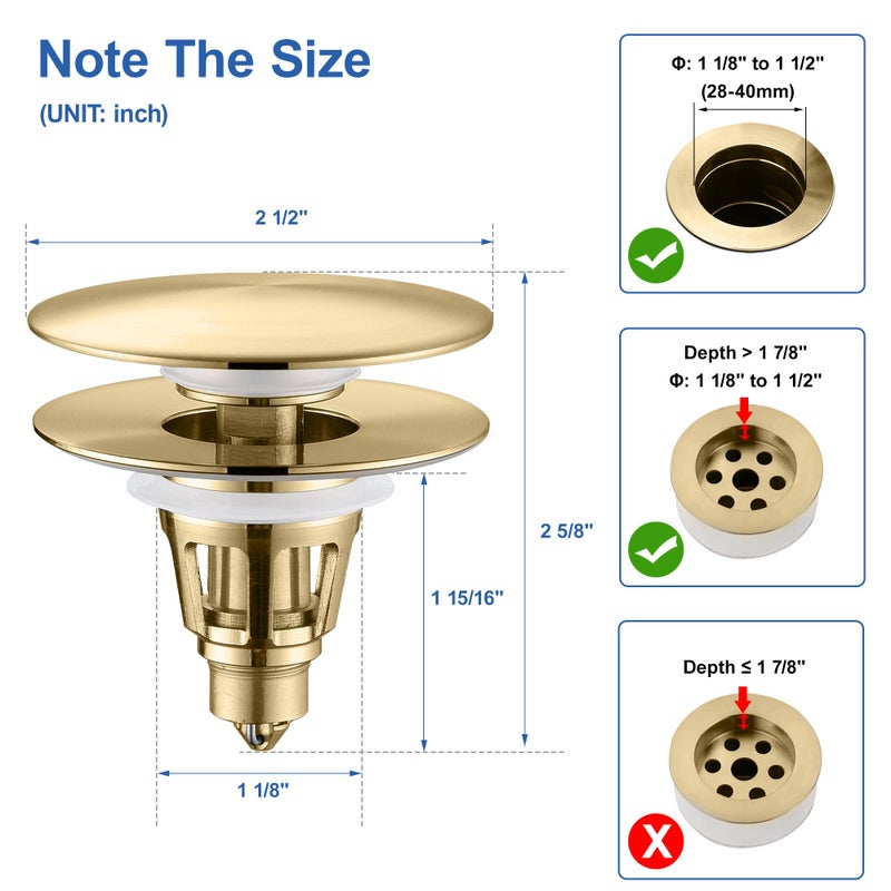PerPaiMe ???????????????? Universal Bathroom Sink Stopper - Pop Up Sink Drain Stopper  Push Button Flixfilter Sink Drain Stopper Replacement  Wash Basin Drain Filter Plug Anti-Clogging Basket  Brushed Gold - Image 2