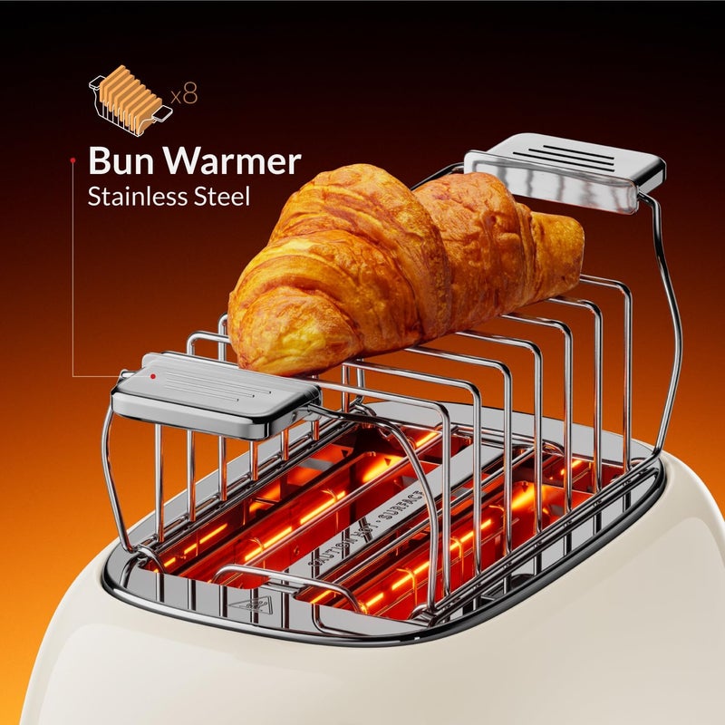 Feller Germany, Retro Style 2-Slice Toaster, 815 W, Steel Body, Dust Cover & foldable Bun Warmer,Defrost, Reheat & Cancel Function,Removable Crumb Tray, TO290, 2Y Guarantee, KSA Version (Cream) - Image 2