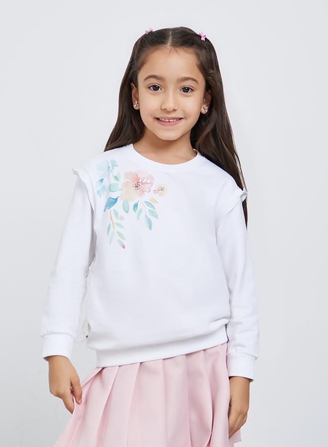 Styli Girls White Floral Print Sweatshirt - Image 1