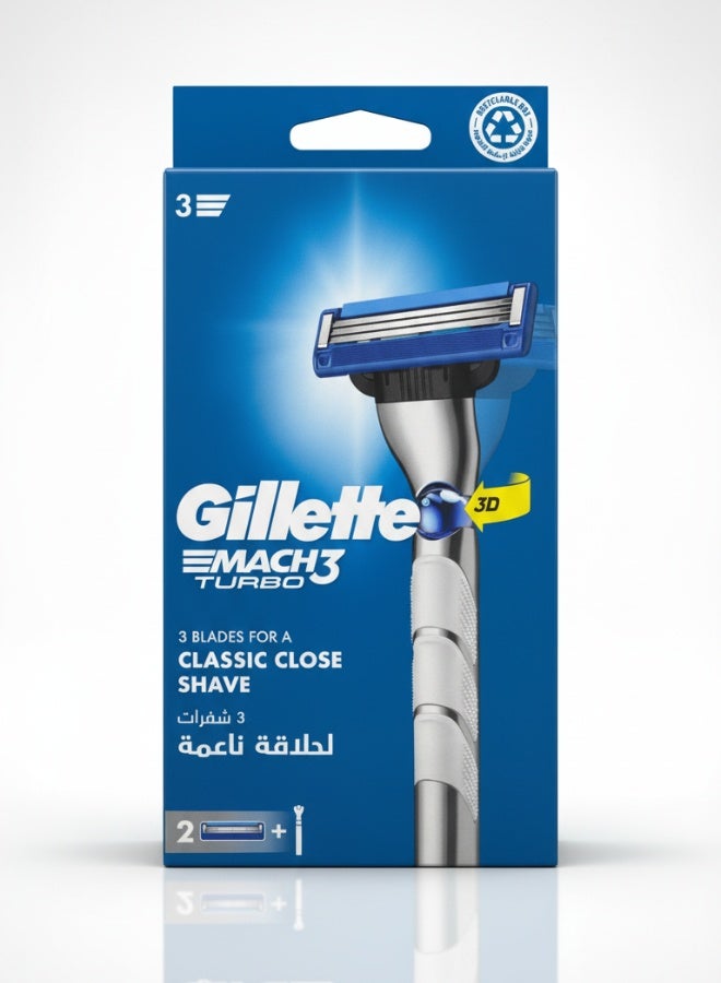 Gillette Mach 3 Turbo Classic Close Shave Razor for Men Smooth Glide Precision Blades Comfortable Handle