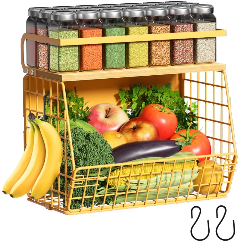 Ofiray-home Magnetic Shelf for Fridge with Wood Lid Fruit Potato and Onion Storage Bins Pantry Organizers Storage Large Container Magnetic Spice Rack for Refrigerator Kitchen Counter Cabinet Yellow 1 - Image 2