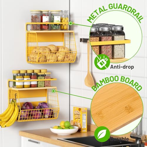 Ofiray-home Magnetic Shelf for Fridge with Wood Lid Fruit Potato and Onion Storage Bins Pantry Organizers Storage Large Container Magnetic Spice Rack for Refrigerator Kitchen Counter Cabinet Yellow 1 - Image 3