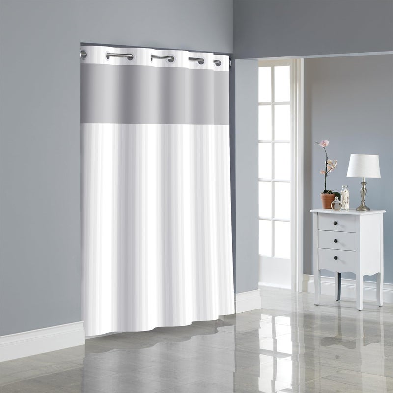 Hookless Its a Snap Satin Stripe Shower Curtain 3in1 Shower Curtain Includes Fabric Shower Curtain with Sheer Top Window FlexOn Rings  PEVA Liner 71 x 74 Bright White